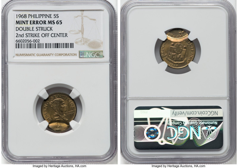 Republic Mint Error - Double Struck 5 Sentimos 1968 MS65 NGC, Denver or San Fran...