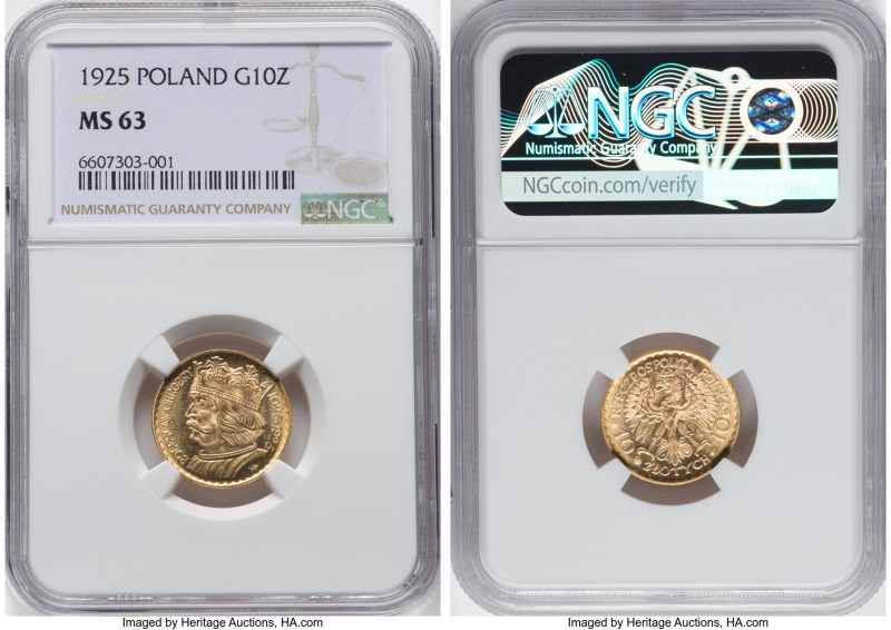 Republic gold 10 Zlotych 1925-(w) MS63 NGC, Warsaw mint, KM-Y32. The obverse fie...