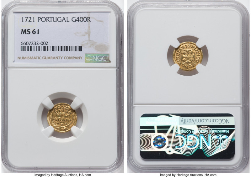 João V gold 400 Reis 1721 MS61 NGC, Lisbon mint, KM201. Uncommon in Mint State. ...