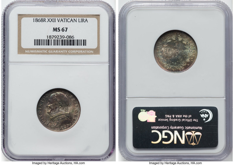 Pius IX Lira Anno XXII (1868)-R MS67 NGC, Rome mint, KM1378. From the Meduno Col...