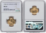 Pius XI gold 100 Lire Anno XV (1936) MS64 NGC, KM10. Mintage: 8,239. HID09801242017 © 2022 Heritage Auctions | All Rights Reserved