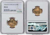 Pius XI gold 100 Lire Anno XV (1936) MS64 NGC, KM10. Mintage: 8,239. HID09801242017 © 2022 Heritage Auctions | All Rights Reserved