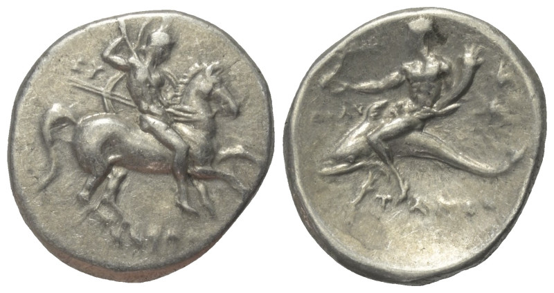 Kalabrien. Tarent.

 Didrachme oder Nomos (Silber). Ca. 281 - 272 v. Chr.
Vs:...