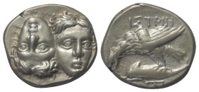Moesia Inferior. Istros.

 Drachme (Silber). Ca. 280 - 256 v. Chr.
Vs: Zwei jugendliche, männliche Köpfe nebeneinander en face, der linke umgekehrt...