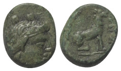 Thrakien. Lysimacheia.

 Bronze. Ca. 196 - 190 v. Chr.
Vs: Kopf der Tyche mit Mauerkrone und Lorbeerkranz rechts.
Rs: Löwe nach rechts sitzend.
...