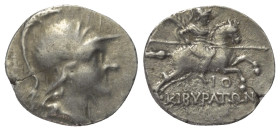 Phrygien. Kibyra.

 Drachme (Silber). Ca. 166 - 84 v. Chr.
Vs: Männlicher Kopf mit Helm rechts.
Rs: Reiter mit Speer nach rechts galoppierend, zwi...