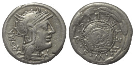 M. Caecilius Metellus.

 Denar (Silber). 127 v. Chr. Rom.
Vs: ROMA. Kopf der Roma mit geflügeltem Helm rechts, davor Wertzeichen.
Rs: M METELLVS Q...