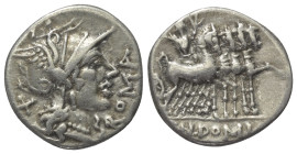 Cn. Domitius Ahenobarbus.

 Denar (Silber). 116 - 115 v. Chr. Rom.
Vs: ROMA. Kopf der Roma mit geflügeltem Helm rechts, dahinter Wertzeichen X.
Rs...