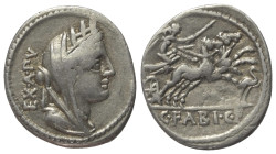C. Fabius Hadrianus.

 Denar (Silber). 102 v. Chr. Rom.
Vs: EX A PV. Drapierte und verschleierte Büste der Cybele mit Mauerkrone rechts.
Rs: C FAB...