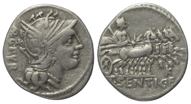 L. Sentius.

 Denar (Silber). 101 v. Chr. Rom.
Vs: ARG PVB. Kopf der Roma mit...