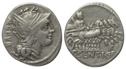 L. Sentius.

 Denar (Silber). 101 v. Chr. Rom.
Vs: ARG PVB. Kopf der Roma mit geflügeltem Greifenkopfhelm rechts.
Rs: L SENTI C F. Jupiter mit Sze...