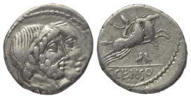 C. Censorinus.

 Denar (Silber). 88 v. Chr. Rom.
Vs: Gestaffelte Köpfe von Numa Pompilius mit Bart und Ancus Marcius.
Rs: Kunstreiter (Desultor) m...