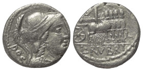 L. Rubrius Dossenus.

 Denar (Silber). 87 v. Chr. Rom.
Vs: DOS. Büste der Minerva mit Helm und Aegis rechts.
Rs: L RVBRI. Triumphalquadriga nach r...