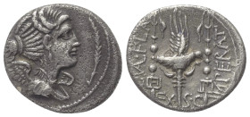 C. Valerius Flaccus.

 Denar (Silber). 82 v. Chr. Massalia.
Vs: Drapierte Büste der Victoria rechts; davor Kontrollmarke.
Rs: C VAL FLA / IMPERAT ...