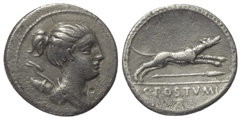 C. Postumius.

 Denar (Silber). 74 v. Chr. Rom.
Vs: Drapierte Büste der Diana...