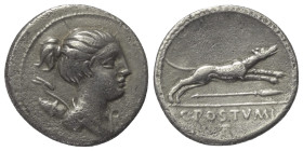 C. Postumius.

 Denar (Silber). 74 v. Chr. Rom.
Vs: Drapierte Büste der Diana mit Bogen und Köcher über der Schulter rechts.
Rs: C POSTVMI. Stilis...
