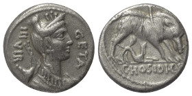 C. Hosidius Geta.

 Denar (Silber). 68 v. Chr. Rom.
Vs: GETA / III VIR. Drapierte Büste der Diana mit Diadem, Bogen und Köcher links.
Rs: C HOSIDI...