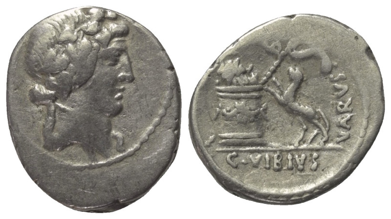C. Vibius Varus.

 Denar (Silber). 42 v. Chr. Rom.
Vs: Kopf des Bacchus mit E...