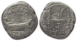 Marcus Antonius.

 Denar (Silber). 32 - 31 v. Chr. Patrae.
Vs: ANT AVG / III VIR R P C. Galeere mit Thyrsus am Bug nach rechts.
Rs: LEG - II. Legi...