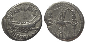 Marcus Antonius.

 Denar (Silber). 32 - 31 v. Chr. Patrae.
Vs: ANT AVG / III VIR R P C. Galeere mit Thyrsus am Bug nach rechts.
Rs: LEG - V. Legio...