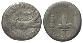 Marcus Antonius.

 Denar (Silber). 32 - 31 v. Chr. Patrae.
Vs: ANT AVG / III VIR R P C. Galeere mit Thyrsus am Bug nach rechts.
Rs: LEG - XX[...]....