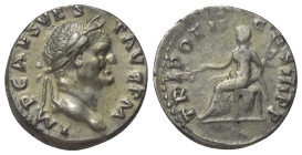 Vespasianus (69 - 79 n. Chr.).

 Denar (Silber). 70 - 72 n. Chr. Rom.
Vs: IMP CAES VESP AVG P M. Kopf mit Lorbeerkranz rechts.
Rs: TRI POT II COS ...