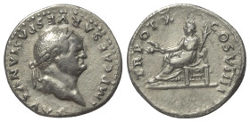 Vespasianus (69 - 79 n. Chr.).

 Denar (Silber). 79 n. Chr. Rom.
Vs: IMP CAESAR VESPASIANVS AVG. Kopf mit Lorbeerkranz rechts.
Rs: TR POT X COS VI...