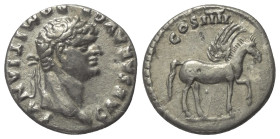 Domitianus (81 - 96 n. Chr.).

 Denar (Silber). 76 n. Chr. (unter Vespasian). Rom.
Vs: CAESAR AVG F DOMITIANVS. Kopf mit Lorbeerkranz rechts.
Rs: ...