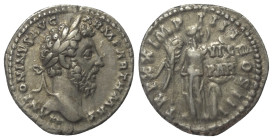 Marcus Aurelius (161 - 180 n. Chr.).

 Denar (Silber). 166 n. Chr. Rom.
Vs: M ANTONINVS AVG ARM PARTH MAX. Kopf mit Lorbeerkranz rechts.
Rs: TR P ...
