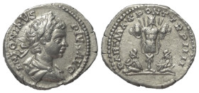 Caracalla (197 - 217 n. Chr.).

 Denar (Silber). 201 n. Chr. Rom.
Vs: ANTONINVS - PIVS AVG. Büste mit Lorbeerkranz und Paludament rechts.
Rs: PART...