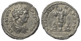 Caracalla (197 - 217 n. Chr.).

 Denar (Silber). 202 n. Chr. Rom.
Vs: ANTONINVS PIVS AVG. Büste mit Lorbeerkranz und Paludament rechts.
Rs: PART M...