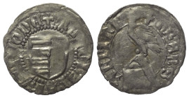 Walachei - Fürstentum. Vladislav I. (1364 - 1377).

 Dinar (Silber).
Vs: + M(oneta) LADIZLAI WOIWODE. Gespaltenes Wappenschild.
Rs: TRANS - ALPINI...