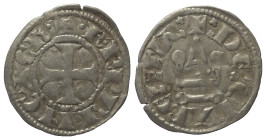 Achaia - Fürstentum. Karl II. (1285 - 1289).

 Denar (Silber).
Vs: + K R PRINC' ACh. Kreuz.
Rs: + DE CLARENTIA. Stilisiertes Kastell.

20 mm. 0,...
