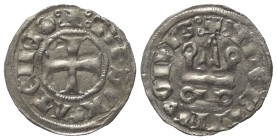 Achaia - Fürstentum. Guy II. de La Roche (1287 - 1308).

 Denar (Silber).
Vs: + GVI DVX ATENES. Kreuz.
Rs: + ThEBANI CIVIS. Stilisiertes Kastell....
