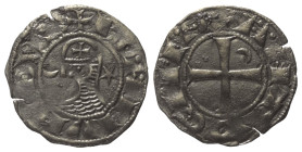 Antiochia - Fürstentum. Bohemund III. (1163 - 1201).

 Denar (Silber).
Vs: Helmbüste im Harnisch links.
Rs: Kreuz, im ersten Quadranten Halbmond....