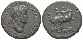 Nero 54 - 68 Sestertius, Lugdunum, 67, AE 22.85 g Avers: IMP NERO CAESAR AVG P M TR POT PP Tête laurée à droite Revers: DECVRSIO S C Nero à cheval à d...