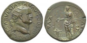 Vespasianus 69 - 79 Dupondius, Rome, 72-73, AE 13.52 g Avers: IMP CAESAR VESPASIAN AVG COS III Tête radiée de Vespasien à droite, avec un globe à la p...