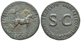 Titus 79 - 81 pous Julia Titi (fille de Titus) Sestertius, Rome, 90-91, AE 21.55 g Avers: DIVAE IVLIAE AVG DIVI TITI F Carpentum tiré par deux mules à...