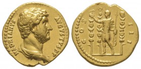 Hadrianus 117 - 138 Aureus, Rome, 132-134, AU 7.17 g Avers: HADRIANVS AVGVSTVS P P Buste drapé à droite Revers: COS III Hadrianus debout à gauche tena...