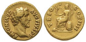 Antoninus Pius 138 - 161 Aureus, Rome, 145-161, AU 6.94 g Avers: ANTONINVS AVG PIVS P P Buste nu à droite Revers: TR POT COS IIII Rome assise à gauche...