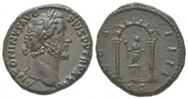 Antoninus Pius 138 - 161 As, Rome, 158-159, AE 10.41 g Avers: ANTONINVS AVG - PIVS P P TR P XXIII Tête laurée à droite Revers: COS IIII Temple distyle...