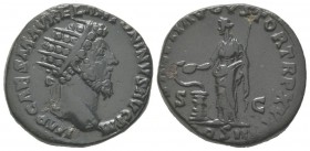 Marcus Aurelius 161 - 180 Dupondius, Rome, 163, AE 10.47 g Avers: IMP CAES M AVREL ANTONINVS AVG P M Tête radié à droite Revers: SALVTI AVGVSTOR TR P ...