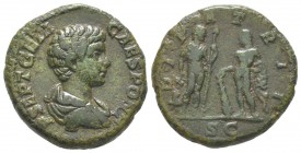 Geta 209 - 212 As, Rome, 200-202 AE 10 g Avers: P SEPT GETA CAES PONT Buste drapé et cuirassé à droite Revers: D I PATRII Bacchus et Heracles avec pea...