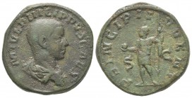 Philippus II 244 - 249 Sestertius, Rome, 246, AE 21.45 g Avers: M IVL PHILIPPVS CAES Buste drapé, tête nue de Philippe II césar à droite, vu de trois ...