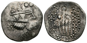Celtic imitation, Danube Region. AR Tetradrachm, 13.60 g 32.81 mm. Second-first centuries BC. Obv: Stylized head of Dionysos right.
Rev.: Nude Herakl...