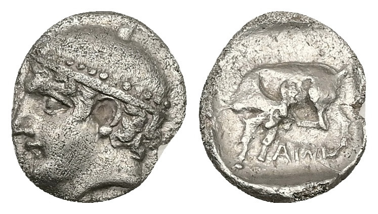 Thrace, Ainos. AR Diobol, 1.05 g 12.24 mm. Circa 421/0-419/8 BC. 
Obv: Head of H...