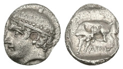 Thrace, Ainos. AR Diobol, 1.05 g 12.24 mm. Circa 421/0-419/8 BC. 
Obv: Head of Hermes to left, wearing petasos. 
Rev: AINI, Goat standing left, scratc...