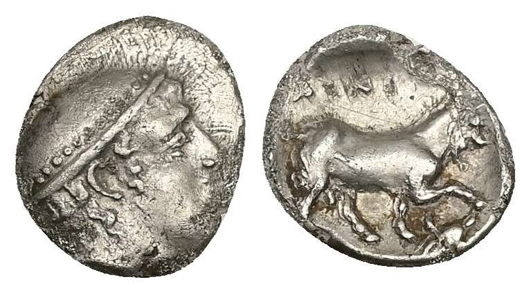 Thrace, Ainos. AR Diobol, 1.09 g 12.27 mm. Circa 408-406 BC.
Obv: Head of Hermes...