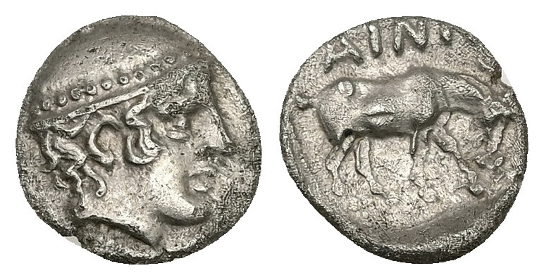 Thrace, Ainos. AR Diobol, 1.14 g 11.52 mm. Circa 435-405 BC.
Obv: Head of Herme...