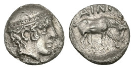 Thrace, Ainos. AR Diobol, 1.14 g 11.52 mm. Circa 435-405 BC.
Obv: Head of Hermes to right, wearing petasos
Rev: AINI, Goat standing to right with he...